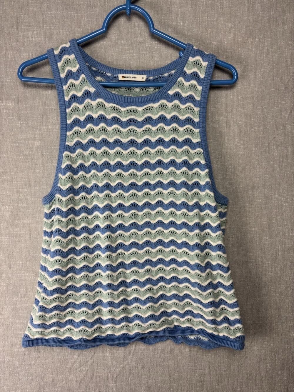 Marine Layer Blue Green Chevron Pointelle Knit Cotton Sweater Tank Top Womens M